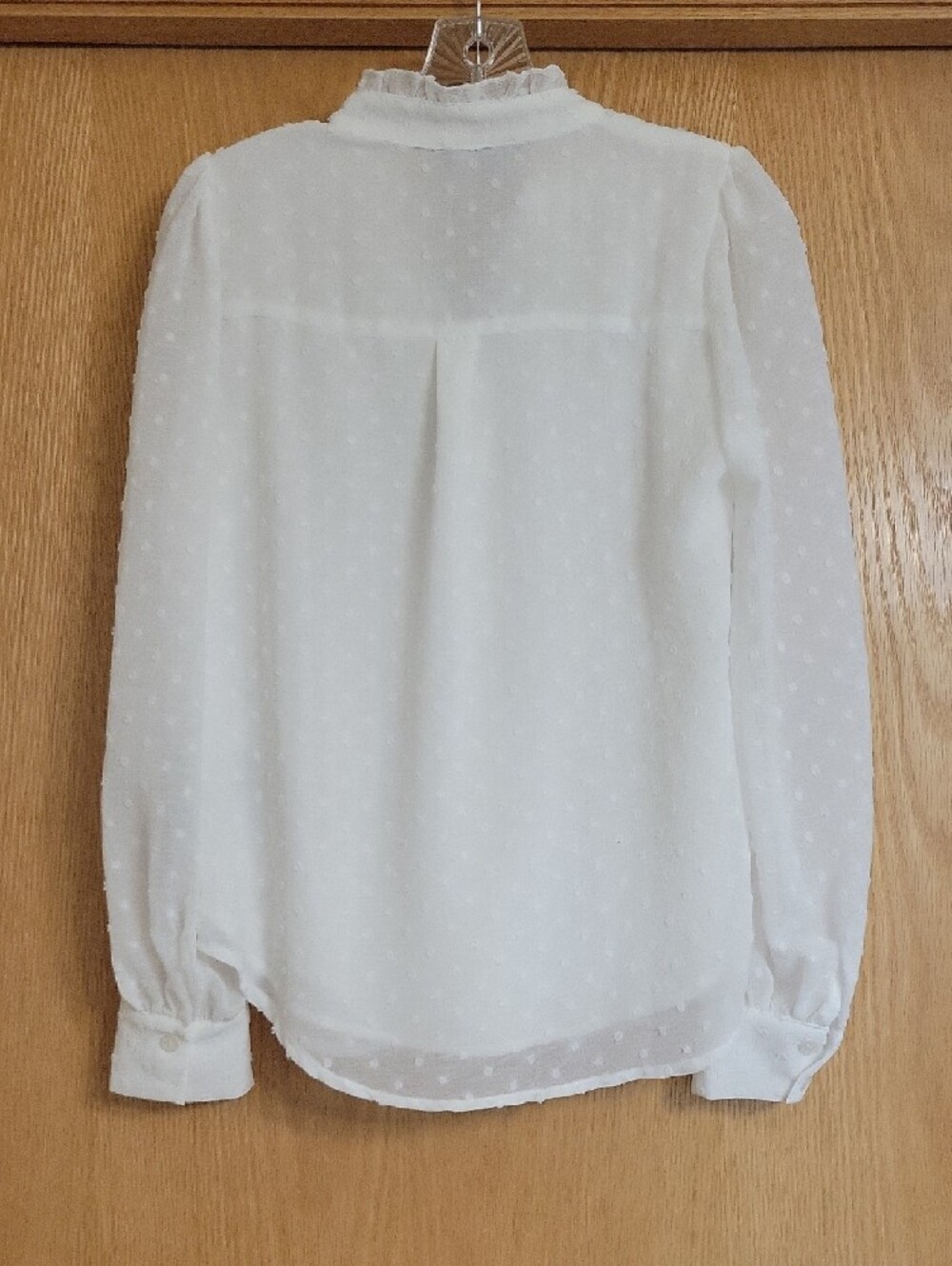 White Swiss Dot Ruffled V-Neck Button Down Blouse - Picture 7 of 7